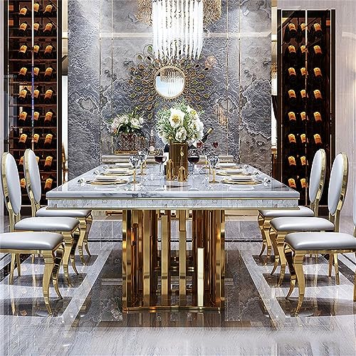 LAKIQ Luxury Style Marble Dining Table Modern Rectangle Kitchen Dining Room Table Gold Metal Pedestal Table-Table Only-Without Chairs (White,78.7" L x 39.4" W x 29.5" H)