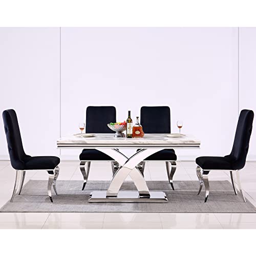 AZhome 5 Piece Dining Room Table Set for 4, Modern Dining Table Set with Cross X-Base Dining Table and Black Velvet Upholstered Dining Chairs