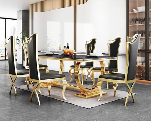 Goderfuu 70" Black Marble Dining Table Set for 6, Luxury Faux Marble Dining Room Table with Gold Stainless Steel Base, Modern Dining Table and 6 Black Leather Dining Chairs, 7 Piece Dining Table Set