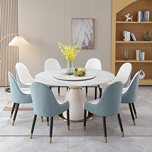 9-Piece Kitchen Dining Table Set, 59" Round Sintered Stone Table with 31.5" Lazy Susan, 8 Solid Wood with Metal Frame Upholstered Chairs