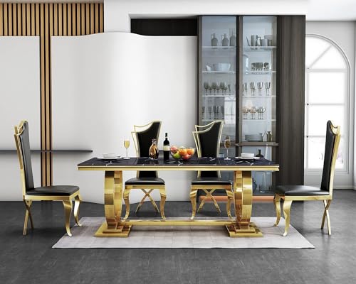 Goderfuu 70" Black Marble Dining Table Set for 6, Luxury Faux Marble Dining Room Table with Gold Stainless Steel Base, Modern Dining Table and 6 Black Leather Dining Chairs, 7 Piece Dining Table Set