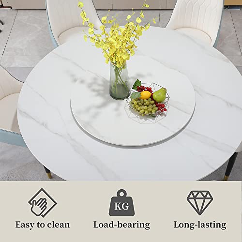 9-Piece Kitchen Dining Table Set, 59" Round Sintered Stone Table with 31.5" Lazy Susan, 8 Solid Wood with Metal Frame Upholstered Chairs