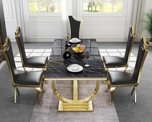 Goderfuu 70" Black Marble Dining Table Set for 6, Luxury Faux Marble Dining Room Table with Gold Stainless Steel Base, Modern Dining Table and 6 Black Leather Dining Chairs, 7 Piece Dining Table Set