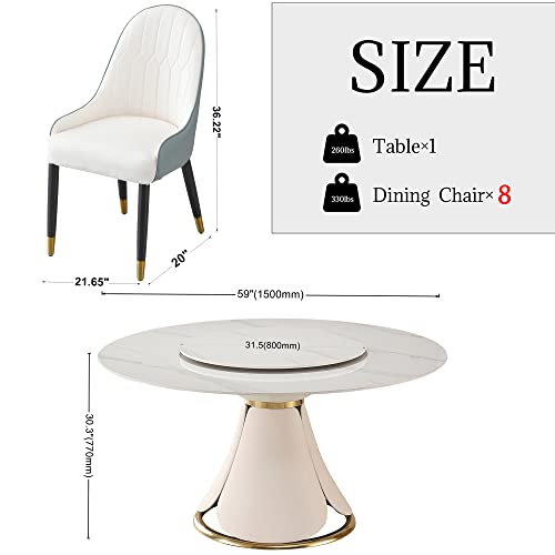 9-Piece Kitchen Dining Table Set, 59" Round Sintered Stone Table with 31.5" Lazy Susan, 8 Solid Wood with Metal Frame Upholstered Chairs