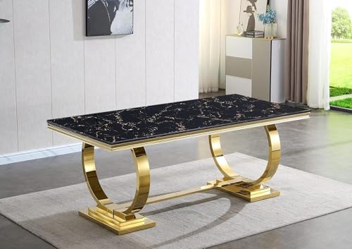 Goderfuu 70" Black Marble Dining Table Set for 6, Luxury Faux Marble Dining Room Table with Gold Stainless Steel Base, Modern Dining Table and 6 Black Leather Dining Chairs, 7 Piece Dining Table Set