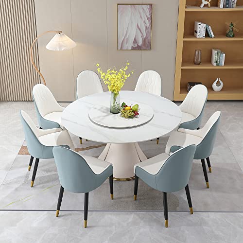 9-Piece Kitchen Dining Table Set, 59" Round Sintered Stone Table with 31.5" Lazy Susan, 8 Solid Wood with Metal Frame Upholstered Chairs