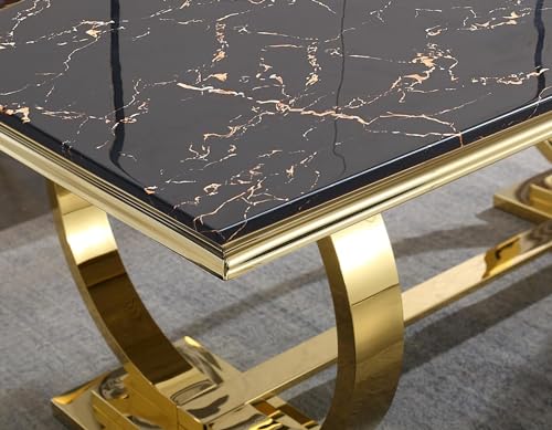Goderfuu 70" Black Marble Dining Table Set for 6, Luxury Faux Marble Dining Room Table with Gold Stainless Steel Base, Modern Dining Table and 6 Black Leather Dining Chairs, 7 Piece Dining Table Set