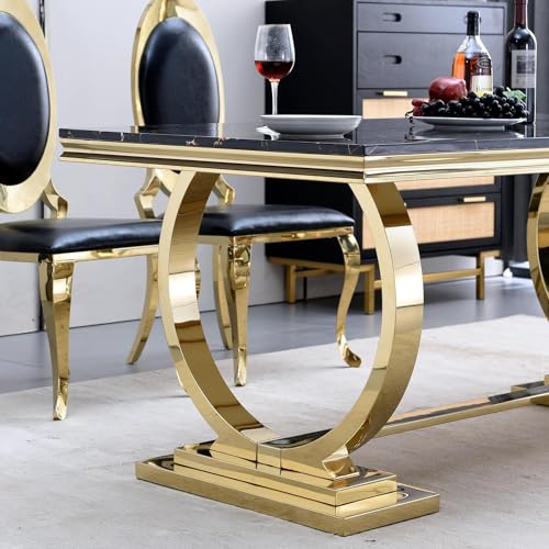 Goderfuu 70" Black Marble Dining Table Set for 6, Luxury Faux Marble Dining Room Table with Gold Stainless Steel Base, Modern Dining Table and 6 Black Leather Dining Chairs, 7 Piece Dining Table Set