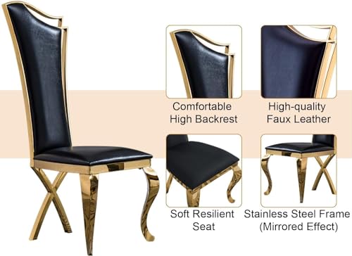 Goderfuu 70" Black Marble Dining Table Set for 6, Luxury Faux Marble Dining Room Table with Gold Stainless Steel Base, Modern Dining Table and 6 Black Leather Dining Chairs, 7 Piece Dining Table Set