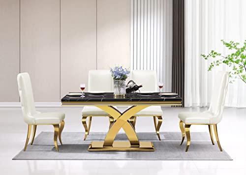 AZhome 7 Piece Dining Room Table Set, 65" Luxury Kitchen and Dining Room Table Set for 6, Rectangular Dining Table Set with 6 White Leather Dining Chairs