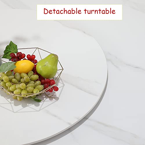 9-Piece Kitchen Dining Table Set, 59" Round Sintered Stone Table with 31.5" Lazy Susan, 8 Solid Wood with Metal Frame Upholstered Chairs