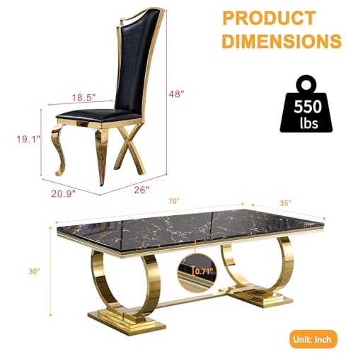 Goderfuu 70" Black Marble Dining Table Set for 6, Luxury Faux Marble Dining Room Table with Gold Stainless Steel Base, Modern Dining Table and 6 Black Leather Dining Chairs, 7 Piece Dining Table Set