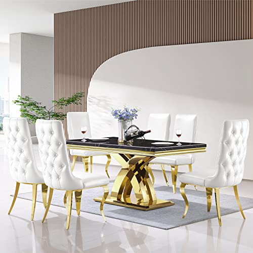 AZhome 7 Piece Dining Room Table Set, 65" Luxury Kitchen and Dining Room Table Set for 6, Rectangular Dining Table Set with 6 White Leather Dining Chairs