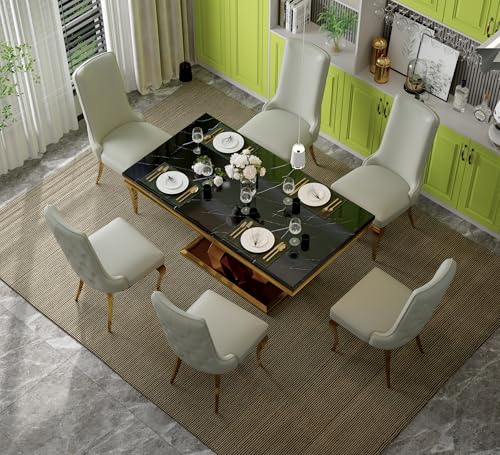AZhome 7 Piece Dining Room Table Set, 65" Luxury Kitchen and Dining Room Table Set for 6, Rectangular Dining Table Set with 6 White Leather Dining Chairs