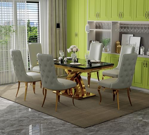 AZhome 7 Piece Dining Room Table Set, 65" Luxury Kitchen and Dining Room Table Set for 6, Rectangular Dining Table Set with 6 White Leather Dining Chairs