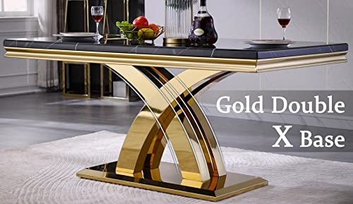 AZhome 7 Piece Dining Room Table Set, 65" Luxury Kitchen and Dining Room Table Set for 6, Rectangular Dining Table Set with 6 White Leather Dining Chairs