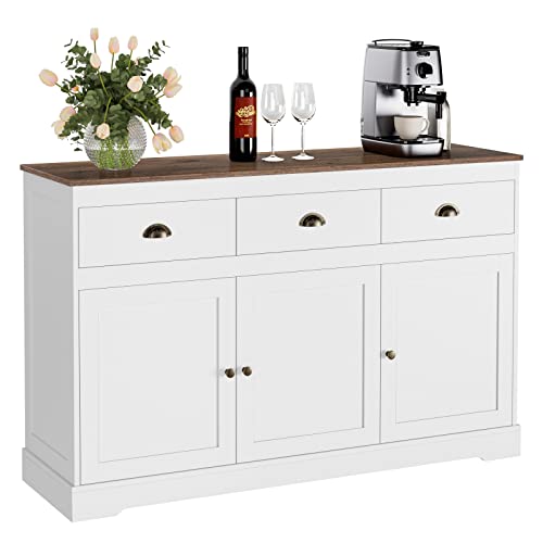 Keyluv White Buffet Cabinet Storage Sideboard Farmhouse Server Bar Wine Cabinet with 3 Drawers & 3 Doors Adjustable Shelves Console Table for Dining Living Room Kitchen Cupboard