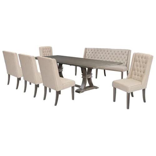 Best Quality Furniture 7Pc Dining Set (1 Table + 1 Bench + 5 Chairs) Beige