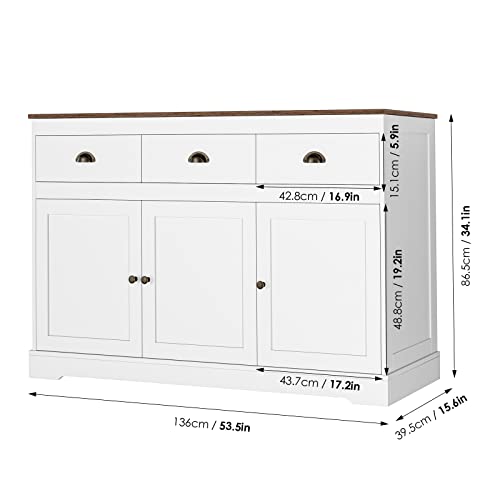 Keyluv White Buffet Cabinet Storage Sideboard Farmhouse Server Bar Wine Cabinet with 3 Drawers & 3 Doors Adjustable Shelves Console Table for Dining Living Room Kitchen Cupboard