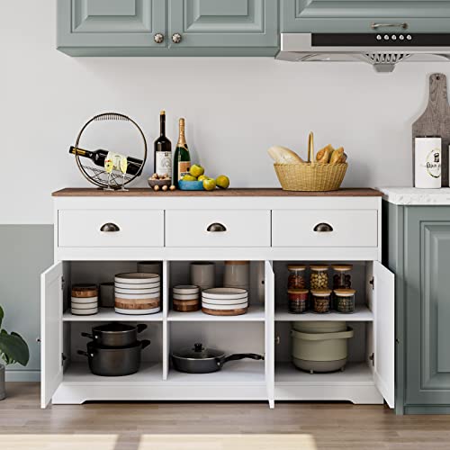 Keyluv White Buffet Cabinet Storage Sideboard Farmhouse Server Bar Wine Cabinet with 3 Drawers & 3 Doors Adjustable Shelves Console Table for Dining Living Room Kitchen Cupboard