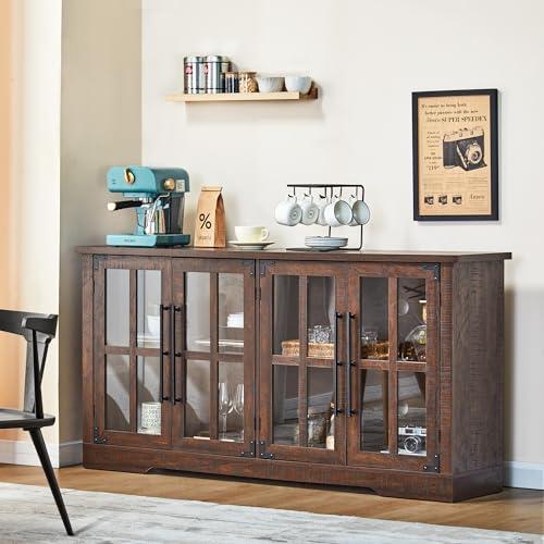 AMERLIFE 63" Buffet Sideboard Cabinet with Storage, Modern Farmhouse Cabinet with 4 Glass Doors & Adjustable Shelf, Wood Buffet Table Cabinet for Kitchen Dining Room Living Room, Brown