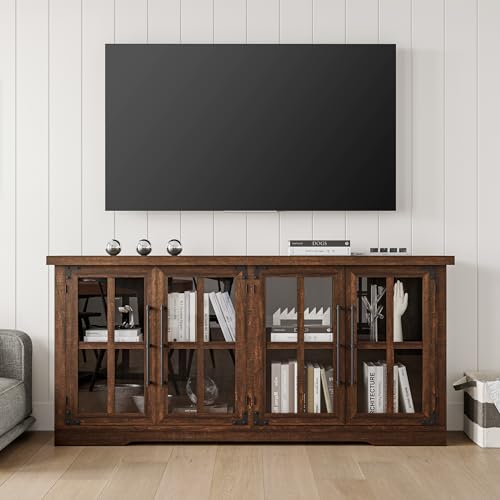 AMERLIFE 63" Buffet Sideboard Cabinet with Storage, Modern Farmhouse Cabinet with 4 Glass Doors & Adjustable Shelf, Wood Buffet Table Cabinet for Kitchen Dining Room Living Room, Brown