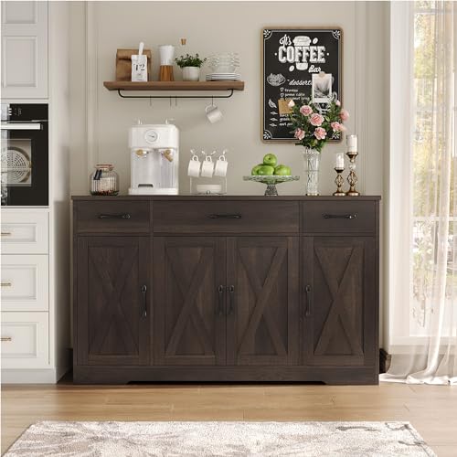 HOSTACK Buffet Cabinet with Drawers, 55" Large Sideboard Buffet Storage Cabinet with Shelves and Doors, Modern Farmhouse Coffee Bar Cabinet Wood Buffet Table for Kitchen, Dining Room, Dark Brown