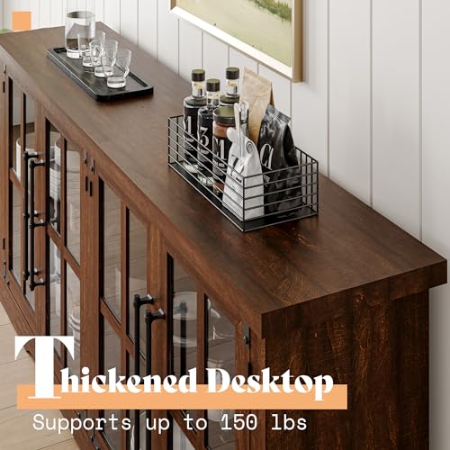 AMERLIFE 63" Buffet Sideboard Cabinet with Storage, Modern Farmhouse Cabinet with 4 Glass Doors & Adjustable Shelf, Wood Buffet Table Cabinet for Kitchen Dining Room Living Room, Brown