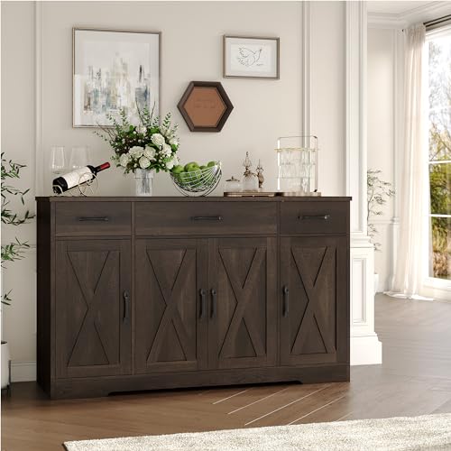 HOSTACK Buffet Cabinet with Drawers, 55" Large Sideboard Buffet Storage Cabinet with Shelves and Doors, Modern Farmhouse Coffee Bar Cabinet Wood Buffet Table for Kitchen, Dining Room, Dark Brown