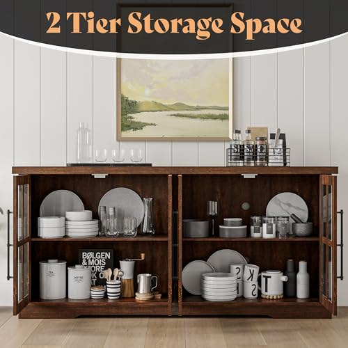 AMERLIFE 63" Buffet Sideboard Cabinet with Storage, Modern Farmhouse Cabinet with 4 Glass Doors & Adjustable Shelf, Wood Buffet Table Cabinet for Kitchen Dining Room Living Room, Brown