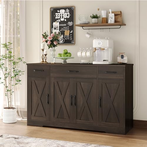 HOSTACK Buffet Cabinet with Drawers, 55" Large Sideboard Buffet Storage Cabinet with Shelves and Doors, Modern Farmhouse Coffee Bar Cabinet Wood Buffet Table for Kitchen, Dining Room, Dark Brown