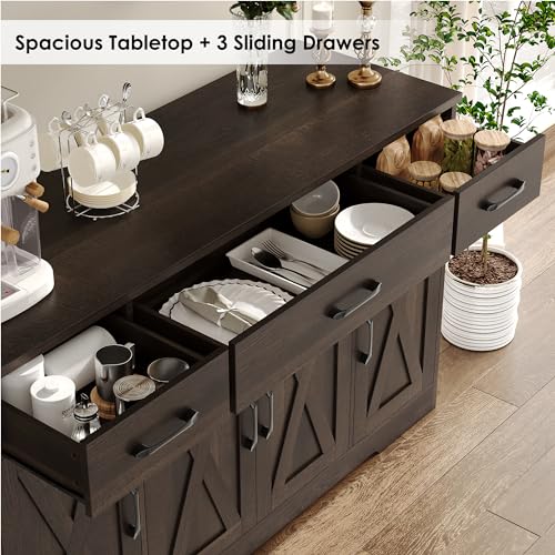 HOSTACK Buffet Cabinet with Drawers, 55" Large Sideboard Buffet Storage Cabinet with Shelves and Doors, Modern Farmhouse Coffee Bar Cabinet Wood Buffet Table for Kitchen, Dining Room, Dark Brown