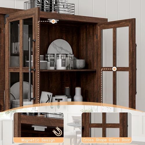 AMERLIFE 63" Buffet Sideboard Cabinet with Storage, Modern Farmhouse Cabinet with 4 Glass Doors & Adjustable Shelf, Wood Buffet Table Cabinet for Kitchen Dining Room Living Room, Brown