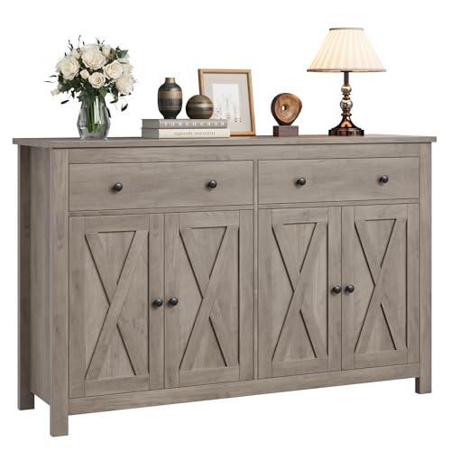 FOTOSOK Sideboard Buffet Cabinet with Storage, 55" Large Kitchen Storage Cabinet with 2 Drawers and 4 Doors, Wood Coffee Bar Cabinet Buffet Table for Kitchen Dining Room, Ash Grey