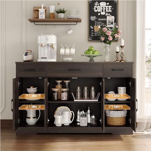 HOSTACK Buffet Cabinet with Drawers, 55" Large Sideboard Buffet Storage Cabinet with Shelves and Doors, Modern Farmhouse Coffee Bar Cabinet Wood Buffet Table for Kitchen, Dining Room, Dark Brown