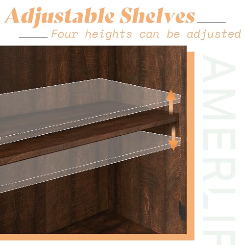 AMERLIFE 63" Buffet Sideboard Cabinet with Storage, Modern Farmhouse Cabinet with 4 Glass Doors & Adjustable Shelf, Wood Buffet Table Cabinet for Kitchen Dining Room Living Room, Brown