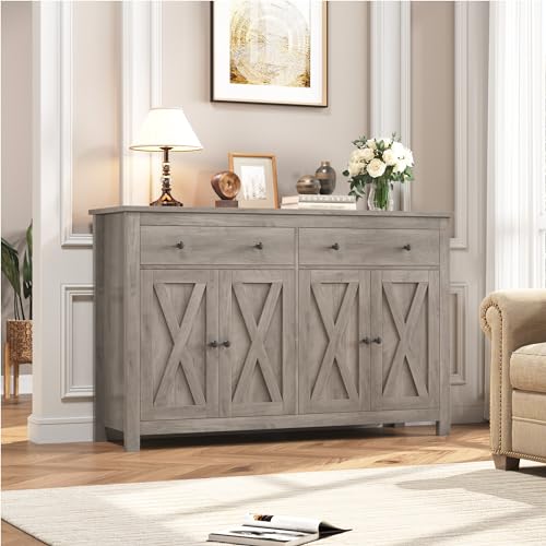 FOTOSOK Sideboard Buffet Cabinet with Storage, 55" Large Kitchen Storage Cabinet with 2 Drawers and 4 Doors, Wood Coffee Bar Cabinet Buffet Table for Kitchen Dining Room, Ash Grey