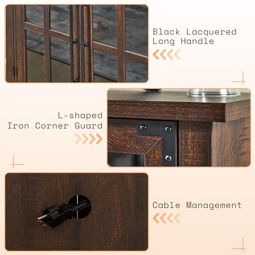 AMERLIFE 63" Buffet Sideboard Cabinet with Storage, Modern Farmhouse Cabinet with 4 Glass Doors & Adjustable Shelf, Wood Buffet Table Cabinet for Kitchen Dining Room Living Room, Brown