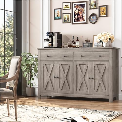 FOTOSOK Sideboard Buffet Cabinet with Storage, 55" Large Kitchen Storage Cabinet with 2 Drawers and 4 Doors, Wood Coffee Bar Cabinet Buffet Table for Kitchen Dining Room, Ash Grey