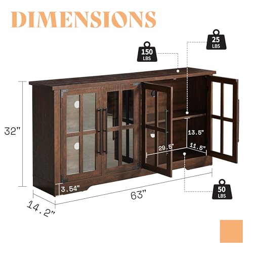 AMERLIFE 63" Buffet Sideboard Cabinet with Storage, Modern Farmhouse Cabinet with 4 Glass Doors & Adjustable Shelf, Wood Buffet Table Cabinet for Kitchen Dining Room Living Room, Brown