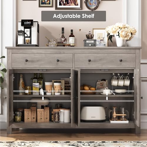 FOTOSOK Sideboard Buffet Cabinet with Storage, 55" Large Kitchen Storage Cabinet with 2 Drawers and 4 Doors, Wood Coffee Bar Cabinet Buffet Table for Kitchen Dining Room, Ash Grey