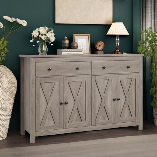 FOTOSOK Sideboard Buffet Cabinet with Storage, 55" Large Kitchen Storage Cabinet with 2 Drawers and 4 Doors, Wood Coffee Bar Cabinet Buffet Table for Kitchen Dining Room, Ash Grey