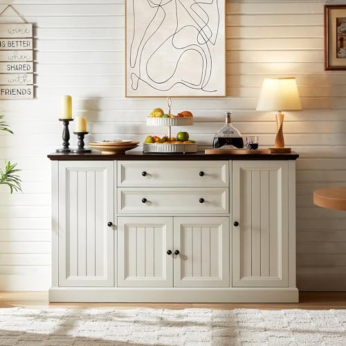 IFGET Farmhouse 58" Buffet Cabinet with Storage, 34" Tall Coffee Bar Cabinet w/2 Large Drawers & 4 Grooved Barn Doors, Wood Rustic Sideboard Buffet Cabinet for Dinning Room, Kitchen, Living Room,White