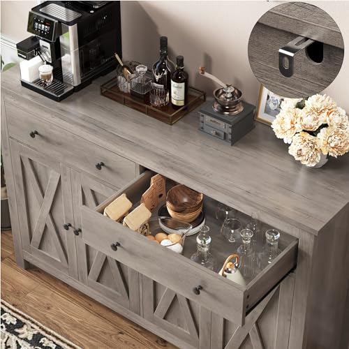 FOTOSOK Sideboard Buffet Cabinet with Storage, 55" Large Kitchen Storage Cabinet with 2 Drawers and 4 Doors, Wood Coffee Bar Cabinet Buffet Table for Kitchen Dining Room, Ash Grey