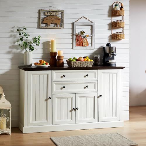 IFGET Farmhouse 58" Buffet Cabinet with Storage, 34" Tall Coffee Bar Cabinet w/2 Large Drawers & 4 Grooved Barn Doors, Wood Rustic Sideboard Buffet Cabinet for Dinning Room, Kitchen, Living Room,White