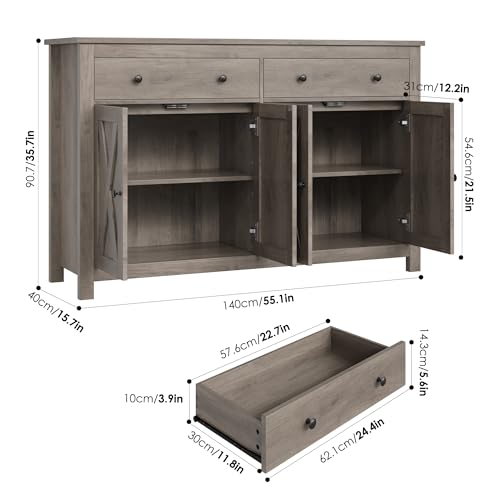 FOTOSOK Sideboard Buffet Cabinet with Storage, 55" Large Kitchen Storage Cabinet with 2 Drawers and 4 Doors, Wood Coffee Bar Cabinet Buffet Table for Kitchen Dining Room, Ash Grey