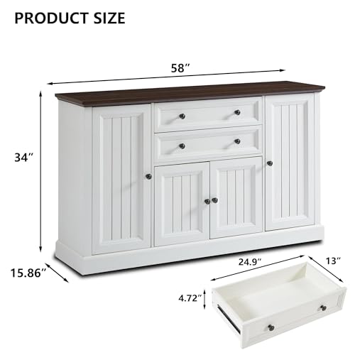 IFGET Farmhouse 58" Buffet Cabinet with Storage, 34" Tall Coffee Bar Cabinet w/2 Large Drawers & 4 Grooved Barn Doors, Wood Rustic Sideboard Buffet Cabinet for Dinning Room, Kitchen, Living Room,White