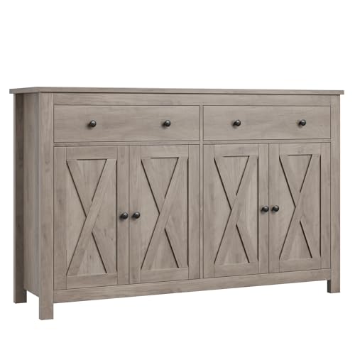 FOTOSOK Sideboard Buffet Cabinet with Storage, 55" Large Kitchen Storage Cabinet with 2 Drawers and 4 Doors, Wood Coffee Bar Cabinet Buffet Table for Kitchen Dining Room, Ash Grey