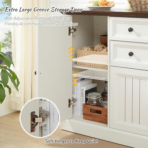 IFGET Farmhouse 58" Buffet Cabinet with Storage, 34" Tall Coffee Bar Cabinet w/2 Large Drawers & 4 Grooved Barn Doors, Wood Rustic Sideboard Buffet Cabinet for Dinning Room, Kitchen, Living Room,White