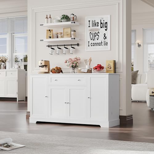 HITHOS 54" Buffet Cabinet with Storage, Modern Kitchen Buffet Sideboard with Drawer, Wood Coffee Bar Cabinet with Adjustable Shelves, Kitchen Storage Cabinet for Living Room, White